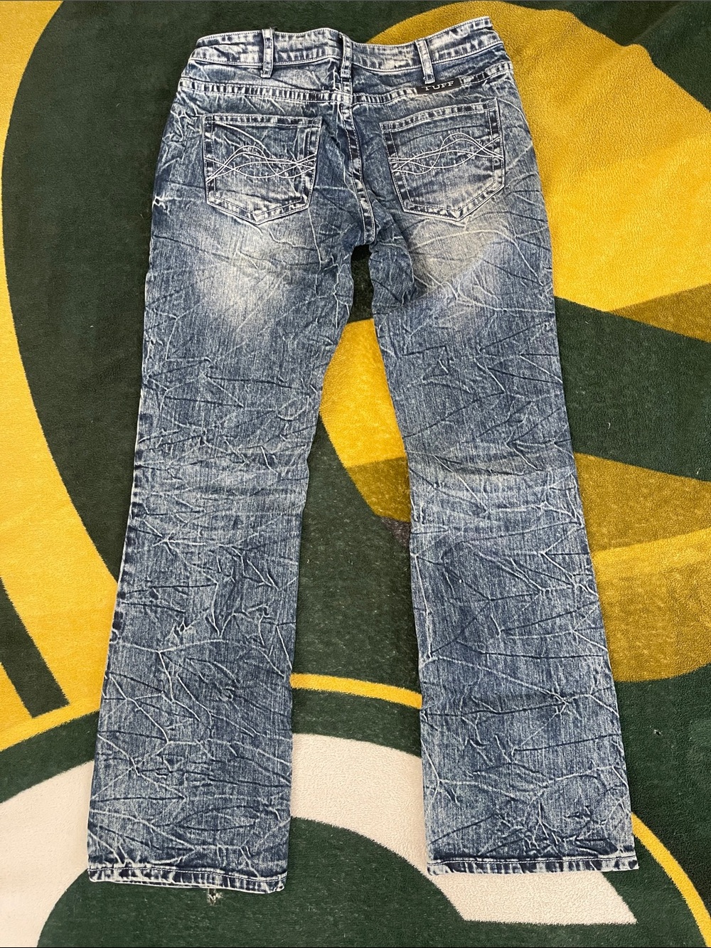 Cowgirl Tuff Women's Distressed Blue Boot Cut Jeans “Good Vibes”